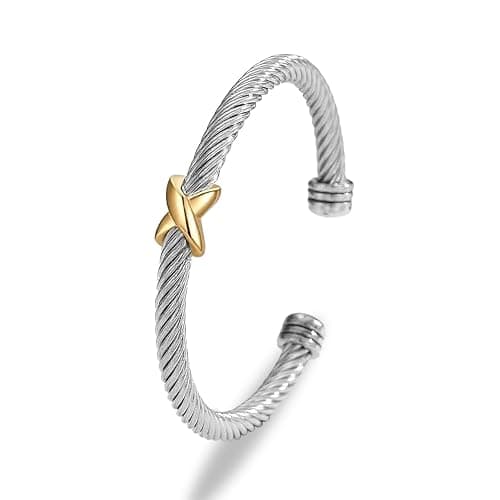 evoklo Cable Bracelets for Women Cuff Bracelets Two Tone Bracelets for Women Mixed Metal Bracelet Designer Dupes Gold and Silver Bracelet Designer Jewelry - 03-X - Image 1