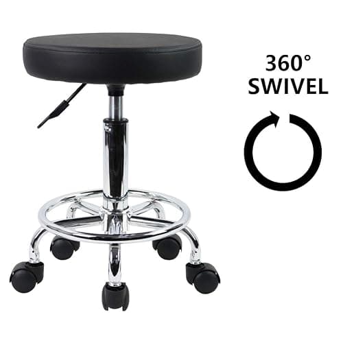 KKTONER PU Leather Round Rolling Stool with Foot Rest Swivel Height Adjustment Spa Drafting Salon Tattoo Work Office Massage Stools Task Chair Small (Black) thumbnail 4