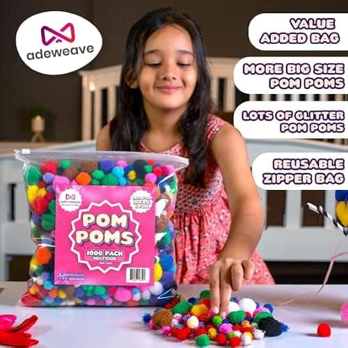 Adeweave 1000 Assorted Pom poms – Soft and Fluffy Craft Pom Pom Balls – Multicolor Craft Supplies Pompoms for Arts and Crafts in a Reusable Box, Large Puff Ball Ideal for DIY and School Activities thumbnail 4