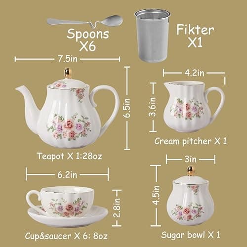 Porcelain Tea Sets British Royal Series, 8 OZ Cups & Saucer Service for 6, with Teapot Sugar Bowl Cream Pitcher Teaspoons and Tea Strainer, Suitable for High Tea, Wedding, Party（Morning glory） thumbnail 4