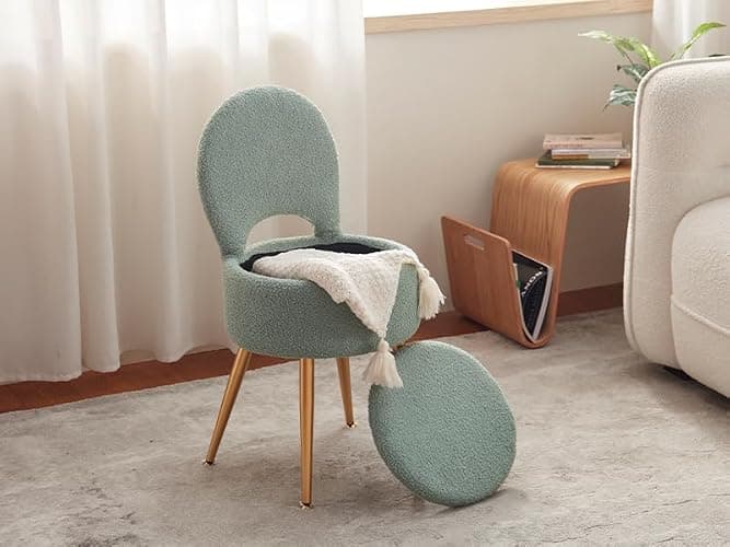 ZYKZYK Small Vanity Stool Chair with Storage and Folding Back,4 Metal Legs with Anti-Slip Feet,Round Ottoman with Velvet Seat, Furry Padded Seat for Makeup, Bedroom (Green, Small) thumbnail 9