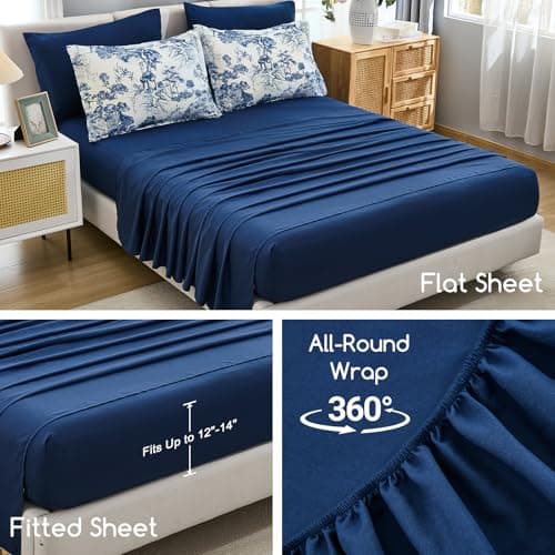 DJY Navy Blue Comforter Set Queen Size,7 Pieces Bed in a Bag Botanical Comforters with Sheets Elegant Plants Print Soft Microfiber Reversible Complete Bedding Sets for All Season thumbnail 5