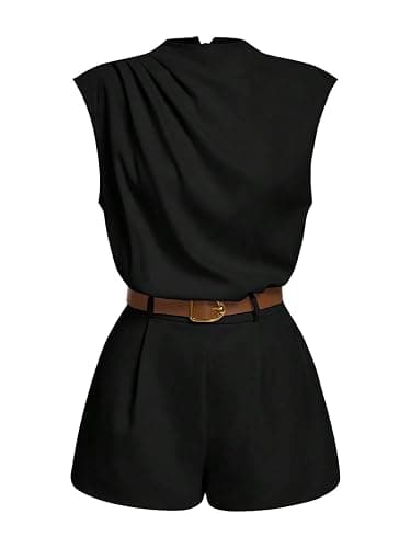 SOLY HUX Women's Summer Ruched Mock Neck Romper Elegant Cap Sleeve Belted Work Short Jumpsuits - Image 1