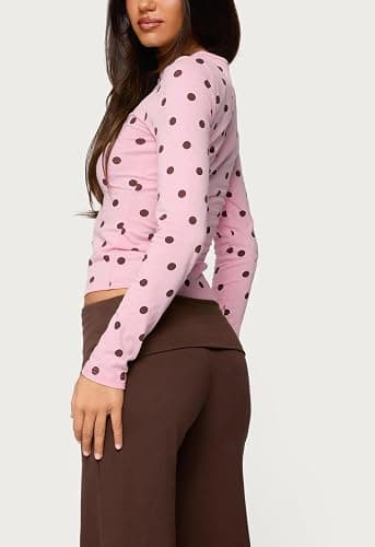 UAURORAO Women Polka Dot Top Long Sleeve Crewneck Y2K Crop Tops Dots Print Stretch Slim Fit T Shirts thumbnail 3