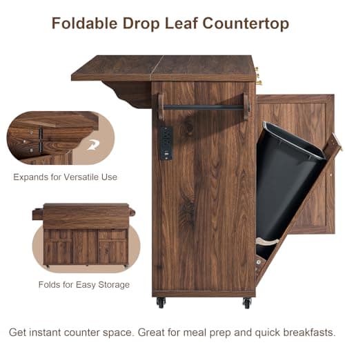 Okvnbjk 57" Rolling Kitchen Island with Storage & Drop Leaf, Walnut thumbnail 7