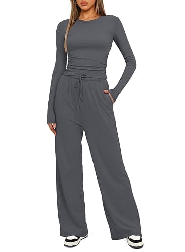 Darong Women's 2 Piece Outfits Lounge Sets 2026 Long Sleeve Tops Wide Leg Pants Casual Matching Set thumbnail 3