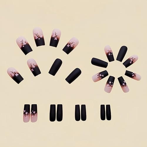 Spring Press on Nails Medium Fake Nails Pink Black Gradient Square Press on Nails Coffin Glossy False Nails with Pink Flowers Designs Full Cover Acrylic Nails Glue on Stick on Nails for Women 24PCS thumbnail 4