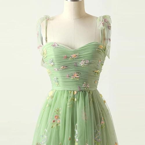 Women's Tie Strap Tulle Prom Dresses Sweetheart Flower Embroidery Dress Short Formal Party Mini Homecoming Dresses thumbnail 6
