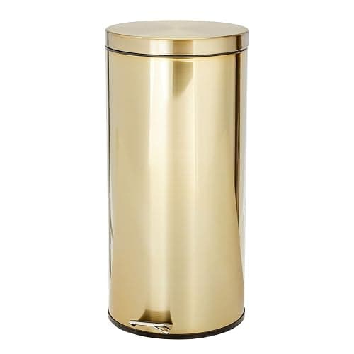 mDesign Tall 30 Liter, Large Round Metal Lidded Step Trash Can, Thin Compact Garbage Bin with Removable Liner Bucket for Bathroom, Kitchen, Craft Room, Office, Garage - Soft Brass - Image 1