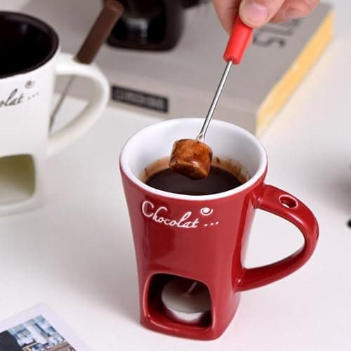 Sweet Fondue Cup, Chocolate Fondue Mug Tealight, Chocolate Melting Cups, Mini Chocolate Fondue Set Without Tealights, Fondue Cups With Forks For Date Night Birthday Wedding Gifts (Red) thumbnail 5