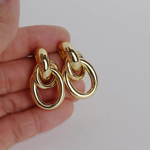 JeanBeau Gold Chunky Statement Drop Dangle Earrings for Women, Trendy Vintage Thick Door Koncker Lightweight Hollow Geometric stud Earring Fashion Jewelry Gift. thumbnail 3