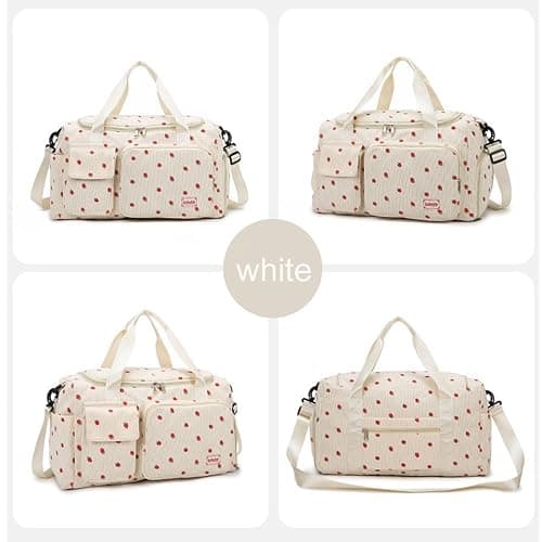 Strawberry Duffel Bag for Girls,Corduroy Gym Bag with Shoe Compartment & Wet Pocket,Cute Travel Weekend Overnight Dance Bag for Teens (white) thumbnail 2