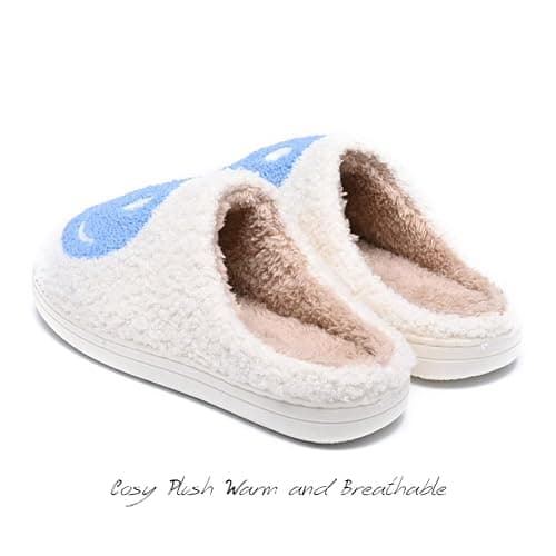 AIMINUO Women's Men's Retro Preppy Happy Face Slippers Comfy Warm Plush Slip-On House Slipper for Winter Indoor Soft Cushion Non-slip Fluffy Slides Slippers - White-blue - 5.5-6.5 Women/5-6 Men thumbnail 4