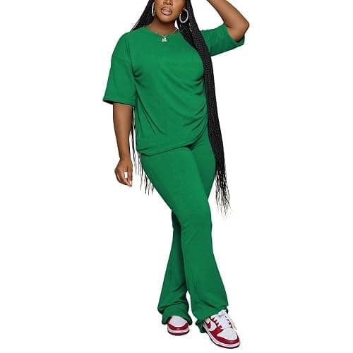 PINSV Women 2 Piece Outfits Short Sleeve Top and Flare Pants Lounge Sets Tracksuit - Image 1