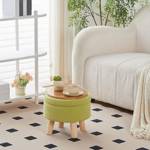 Wimarsbon Storage Ottoman, Modern Round Footrest with Soft Padded Seat, Teddy Velvet Footstool with Wood Legs, Accent Small Table or Plant Stand for Hallway, Living Room (Brilliant Green) thumbnail 2
