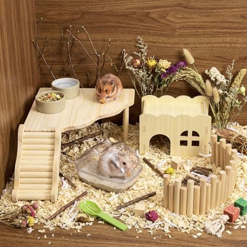 5 Pcs Hamster Platform Wooden Fence Bridge Ladder Climbing Toy Hidden House Exploring Toy with Hamster Bath Container Decor Cage Accessories for Small Animals Dwarf Syrian Gerbils Squirrel(Classic) thumbnail 4
