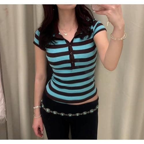 Y2k Grunge Polo Collared Shirts Women Button Down Crop Top 2000s Emo Vintage Streetwear Summer thumbnail 3