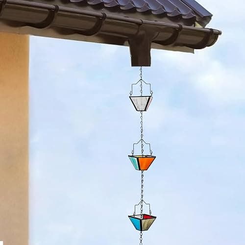 Rain Chain Set 8.5FT,Handmade Pure Copper Inlaid Stained Glass Vintage Style, Rain Chains for Drains to Divert Water & Home Display, Garden Decoration (Mutil col) thumbnail 3