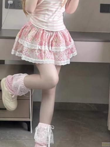 Women's Kawaii Skirts 2000s Vintage Y2k Clothing Pink A-line Slim Lolita Mini Skirts Sweet High Waist Lace Outfits thumbnail 3