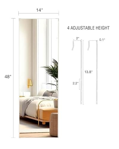 KOMCOTE Over The Door Full Length Mirror - 48x14 Inch Hanging Mirror for Bedroom, Closet, Living Room - No Drill Door Mount Mirror, Lightweight & Durable, Space-Saving, White - White-rect - 48"L x 14"W thumbnail 2