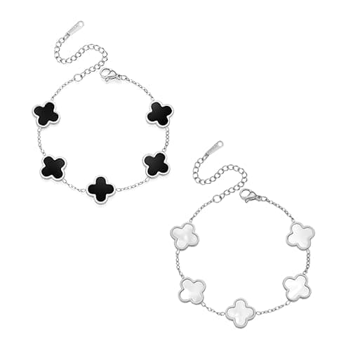 Feasnow Clover Bracelets for Women 18k Gold Plated 4 Leaf Clover Bracelet Gold Silver Black White Red Cute Lucky Bracelets Jewelry Gifts Trendy for Women - Silver Black+White 2pcs