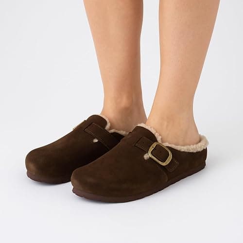 CUSHIONAIRE Haven Genuine Leather Clogs for Women – Faux Fur Lined Slip-On Womens Shoes with Cork Footbed and Adjustable Buckle thumbnail 4