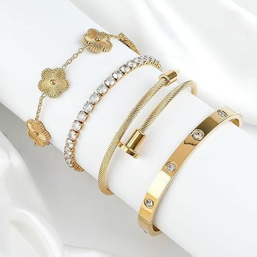Hidaily 4Pcs Love Bracelet Set, Plated Bracelet Sets, Adjustable Gold Stack Bracelets - Image 1