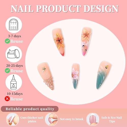 24Pcs Long Press on Nails Almond French Tip Fake Nails Hawaii Flower Nails with Gold Silver Rhinestones Design Summer Full Cover Artificial False Nails Tips for Women Manicure Decorations thumbnail 5