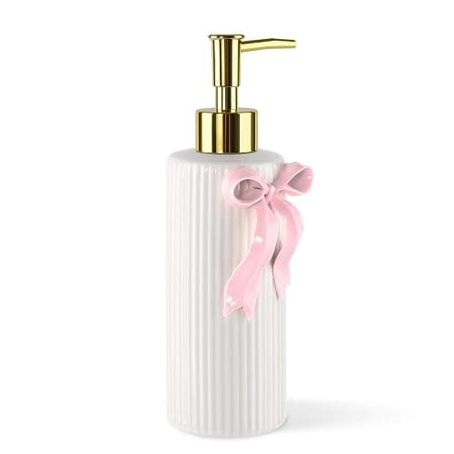 NEWHENGS Handmade Ceramic Cute Bow Hand Soap Dispenser,Ribbon Pink | Cute Coquette Metal Pump Dispenser Lotion Liquid Dispenser Refillable for Kitchen and Bathroom,Bathroom Decor and Accessory thumbnail 4