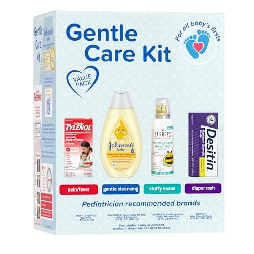 Johnson's Baby Gentle Care Kit with Infants' Tylenol Pain Reliever, Zarbee's Soothing Saline Mist, Desitin Maximum Strength Diaper Rash Ointment & Johnson's Baby Head-To-Toe Wash, 4 Items - Image 1