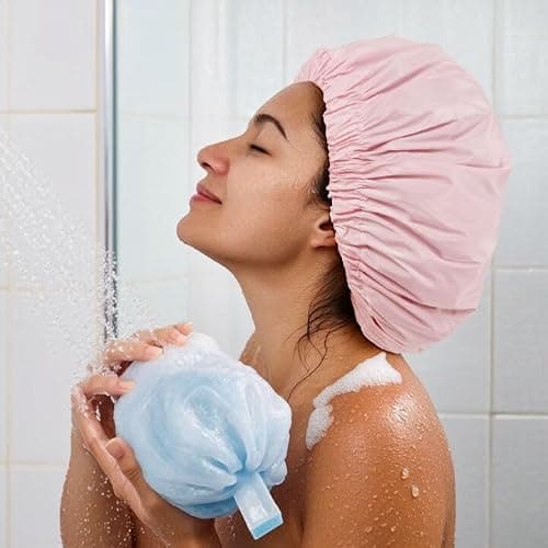 Reusable Shower Cap for Women, Large Waterproof Shower Bonnet Washable Elastic Band Bath Hair Hat for Long Hair, Braids(Pink) thumbnail 4