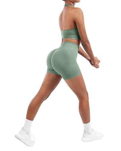 SUUKSESS Women Seamless Ribbed Workout Set Backless Sports Bra Booty Biker Short thumbnail 4