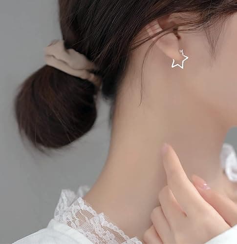 Reffeer Solid 925 Sterling Silver Minimalist Star Hoop Earrings for Women Teens Star Huggie Earrings Hoop thumbnail 4
