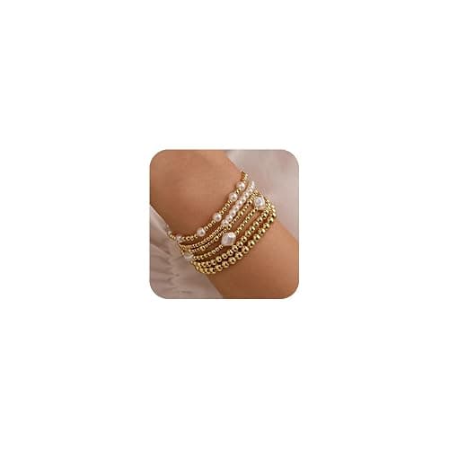 Miss Pink Gold Beaded Bracelets Set for Women Waterproof, 14k Gold-Plated Dainty Round Bead Cross Pearl Bracelet Beaded Non Tarnish Stretch Bracelet for Christmas Stockings Gifts Stackable Bracelet - Image 1