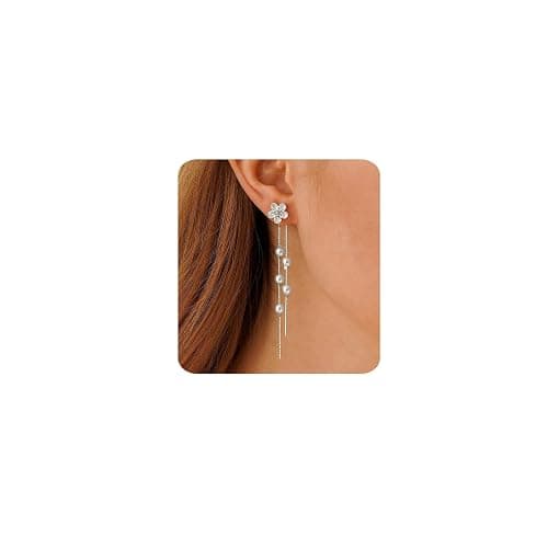 MUMREUES Gold Earrings for Women Trendy 14k Gold Plated Cubic Zirconia Flower Dangle Earrings Hypoallergenic Dainty Pearl Drop Chain Earrings Jewelry Gifts for Her - Image 1