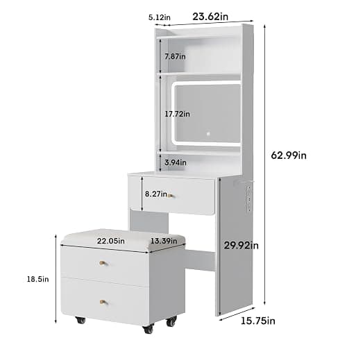 Vabches Make Up Vanity Desk with Mirror and Lights, White Vanity Table Set with Charger Station,Girls Small Vanity and Storage Chair thumbnail 2