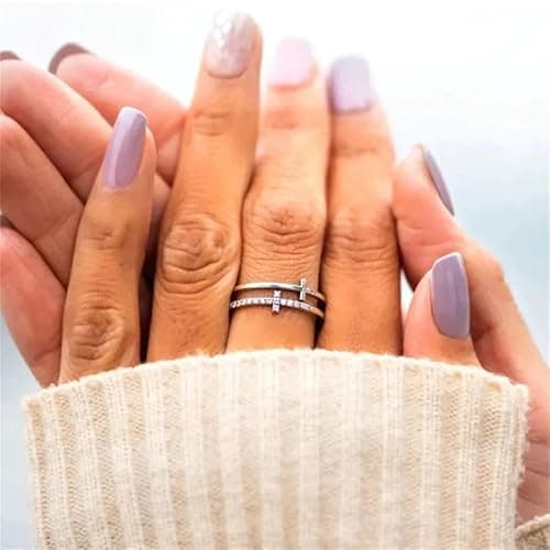 Double Cross Ring 18k Gold Plated 925 Sterling Silver Cubic Zirconia Simple Plain Stackable Statement Promise Rings Inspiration Christian Ring Faith Hope Love Cross Religious Ring Gift (Silver 9#) thumbnail 6
