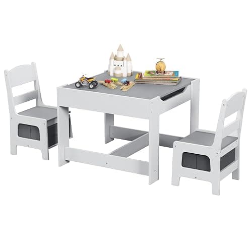 Costzon Kids Table and Chair Set, 3 in 1 Wooden Activity Table with Storage Drawer, Detachable Tabletop for Children Drawing Reading Art Craft, Playroom, Nursery, Toddler Table and Chair Set, Gray - Image 1