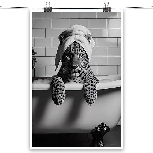 Leopard In Bathtub Canvas Print Trendy Black And White Wall Art Maximalist Poster Luxury Animal Bathroom Spa Decor Aesthetic Pictures for Modern Restroom Home Eclectic Decorations 12x16inch Unframed thumbnail 2
