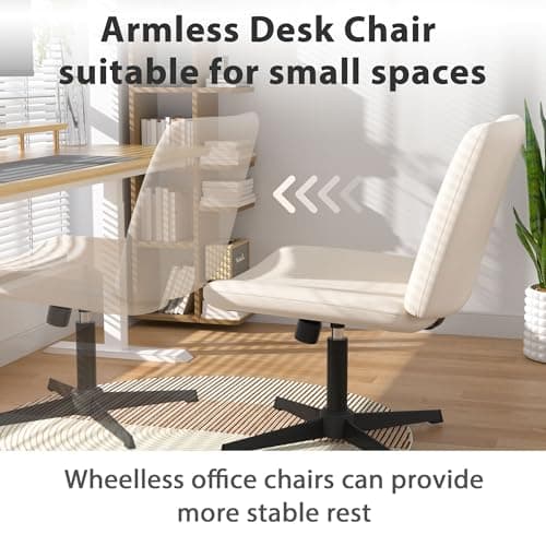 Criss Cross Chair, Cross Legged Office Chair Armless Vanity Chair with Back, Wide Desk Chair with No Wheels Swivel Height Adjustable, Fabric Comfy Computer Chair for Home Vanity Desk Office, Beige thumbnail 5