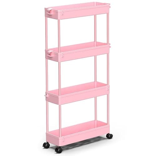 SPACEKEEPER Slim Rolling Storage Cart, 4 Tier Bathroom Cart Organizer, Pink | Narrow Rolling Cart with Wheels for Kitchen Office Bathroom Laundry Room,Mobile Utility Cart for Craft Art Makeup Nail Polish - Image 1
