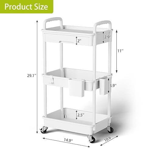 Sorgion 3 Tier Rolling Cart Organizer,Laundry Room Bathroom Organizers and Storage Office Shelves Mobile Shelving Unit Kitchen Trolley Cart with Wheels for Art,Craft,Diaper,Bedside,Snack(White) thumbnail 3
