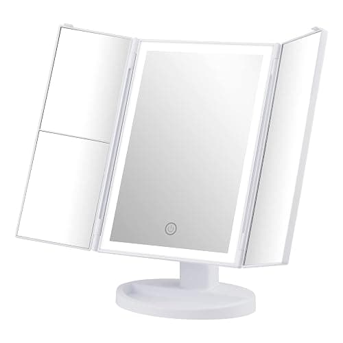 GRIFEMA Specchio per Trucco Trifold con Luce a 32 LED, con Illuminazione, Ingrandimento 3/2/1, Specchio da Tavolo Touch, Regolabile a 180°, USB e Batteria, Bianco - Image 1