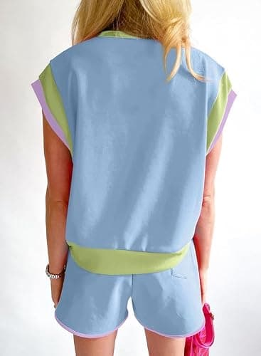 SHEWIN Women 2026 Color Block 2 Piece Short Sets Workout Tracksuit with Pockets Trendy thumbnail 4