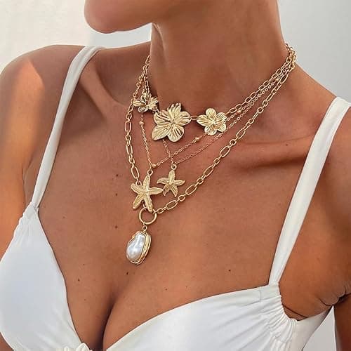 Gold Hibiscus Flower Statement Necklaces Chunky Big Flowers Floral Pearl Starfish Charms Layered Beach Beachy Vacation Choker Necklace Jewelry for Women thumbnail 5