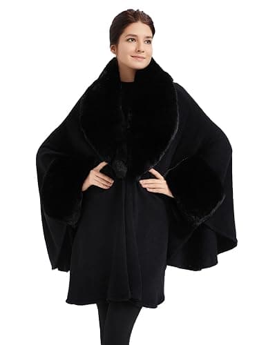 SUFCOMOU Women Cape Poncho with Fur Trim Winter Faux Fur Shawl Wrap Coat Sleeveless Cardigan Cloak (Black) thumbnail 2