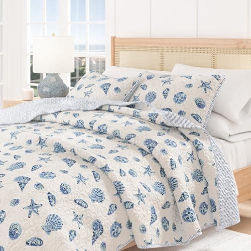 Great Bay Home Coastal Quilt Set - 2-Piece Twin/Twin XL Size Nautical Bedding Set - Lightweight, All-Season, Reversible Coral-Printed Bedspread (Blue Shells) thumbnail 6