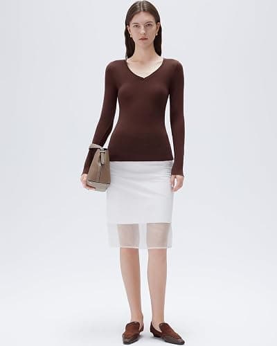 SUUKSESS Cloud Cashmere Women V Neck Fitted Long Sleeve Shirt Basic Soft Knit Tops thumbnail 3