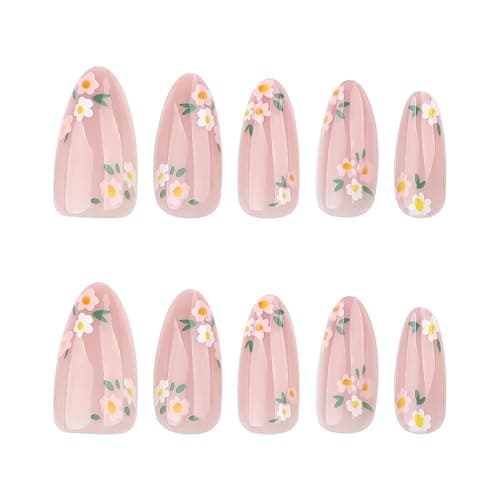 OHWODA Pink Spring Press on Nails Almond Shape Fake Nails with Small Flower Designs Daisy Floral Artificial Nails Medium Length Spring Summer Glue on Nails Flowers Stick on Nails for Women, 24Pcs thumbnail 5