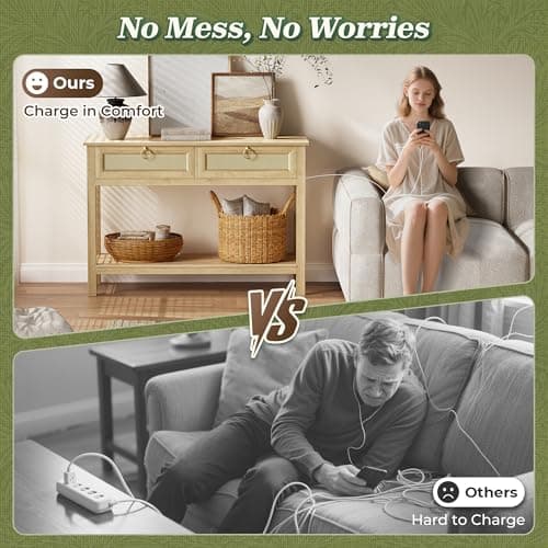 SUPERJARE Rattan Console Sofa Table with Outlets and USB-C Port, 2 Drawer Entryway Table with Synthetic Rattan Surface, 39 Inch, Open Shelf, Behind Couch Entry Foyer Hallway Storage, Natural thumbnail 5